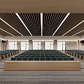 Large Conference Room Interior Featuring Multiple Rows Seats Wooden Podium Striped Ceiling Lighting and Windows