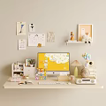 Cozy Home Desk Setup With Yellow Monitor Keyboard Mouse Lamp Decorations And Wall Decor