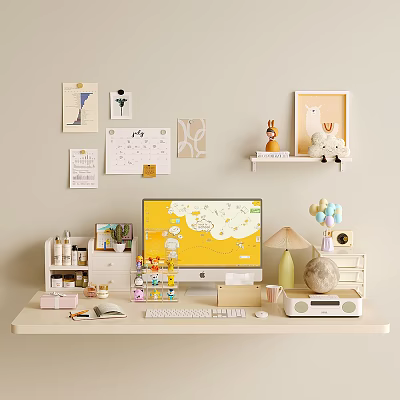 Cozy Home Desk Setup With Yellow Monitor Keyboard Mouse Lamp Decorations And Wall Decor 3d model