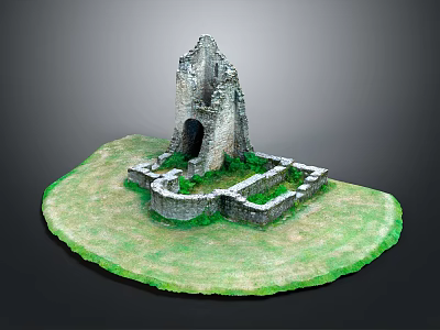 Ancient Castle Ruins Landscape With Ruined Stone Walls Archway And Green Grass 3d model