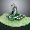 Ancient Castle Ruins Landscape With Ruined Stone Walls Archway And Green Grass