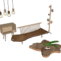 Modern Wooden Bench And Coffee Table Set With Side Cabinet And Hanging Lights