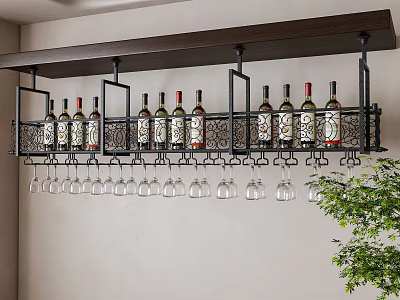Hanging Wine Cabinet With Decorative Metal Frame Wine Bottles And Glasses 3d model