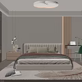 Modern Bedroom Interior With Comfortable Bed Green Chair And Patterned Rug