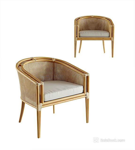 Modern Rattan Dining Chairs With Gold Metal Frame And Light Gray Cushion 3d model 
