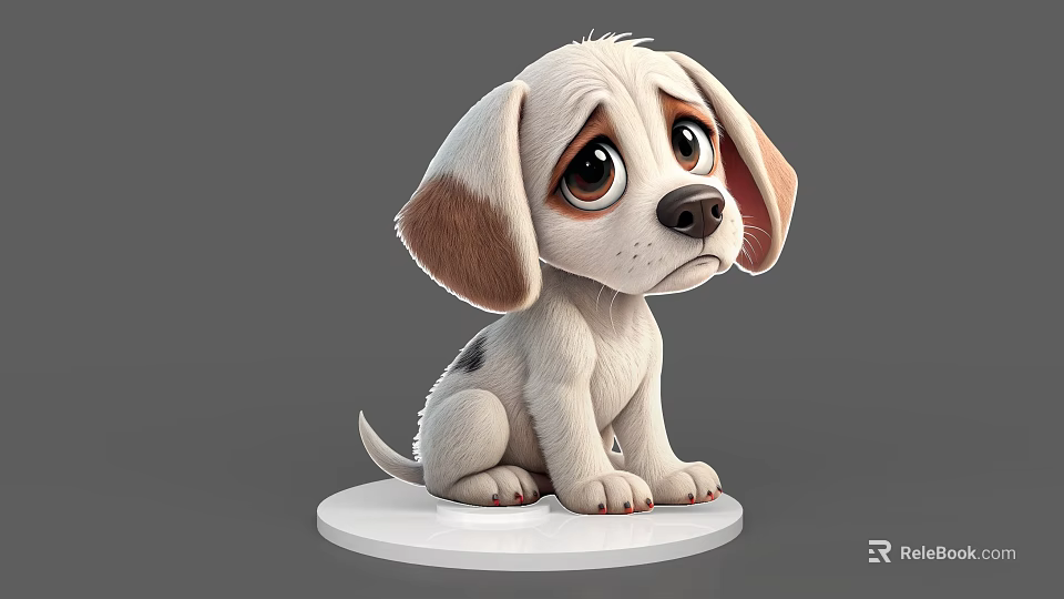 Cute White And Brown Cartoon Dog 3D Model With Big Eyes On White Base 3d model 