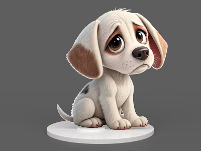 Cute White And Brown Cartoon Dog 3D Model With Big Eyes On White Base 3d model