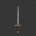 Medieval Sword Weapon With Metal Blade Golden Hilt Red Accent Standing Upright Against Gray Background