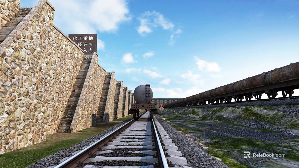 Utility Vehicle on Railway Track Alongside Stone Wall and Manual Tunnel Entrance 3d model 