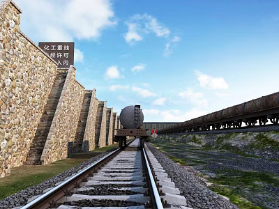 Utility Vehicle on Railway Track Alongside Stone Wall and Manual Tunnel Entrance 3d model