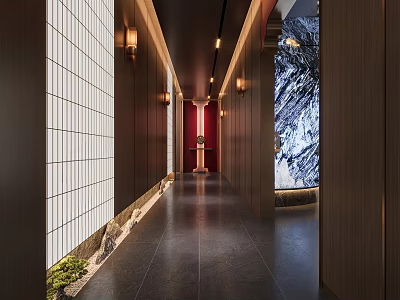 Elevator Hallway Interior Design With Wooden Walls Recessed Lighting Dark Floor And Decorative Artwork 3d model