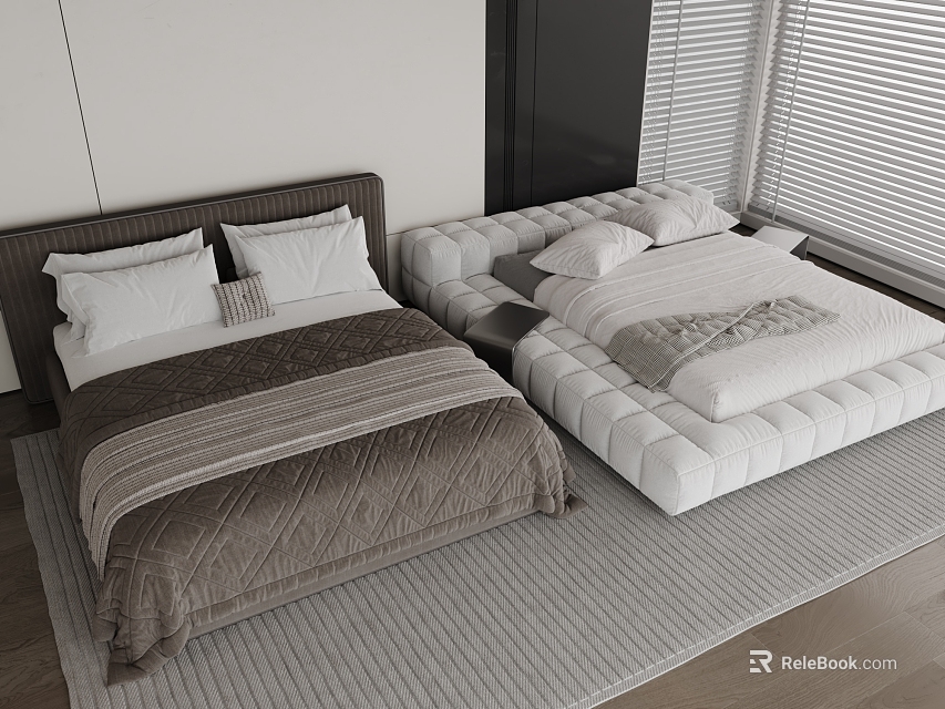 Modern Double Beds With Brown White Bedding Window Blinds And Soft Rug 3d model 