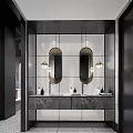 Modern Public Restroom Interior Design With Marble Walls Mirrors And Washbasins