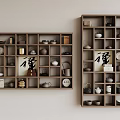 Wooden Chinese Curio Shelves With Teapots Ceramic Wares And Calligraphy Art