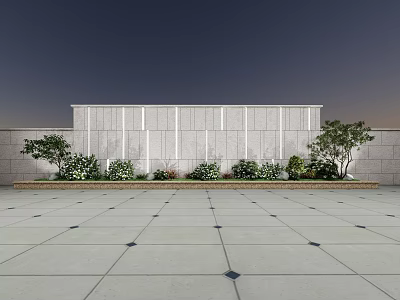 Outdoor Gray Stone Wall With Landscaped Plants And Geometric Paved Ground 3d model