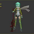 Anime Style Game Character With Teal Hair Green Outfit White Scarf And Rifle