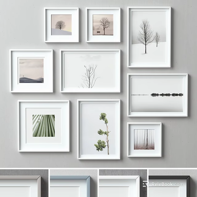 White Frames Interior Decor With Plant And Landscape Artworks On Gray Wall 3d model