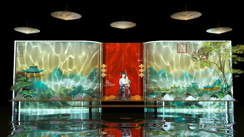 Elegant Traditional Screen With Red Panel Landscape Art Featuring Female Figure Hanging Lamps And Reflection 3d model 