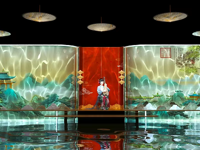 Elegant Traditional Screen With Red Panel Landscape Art Featuring Female Figure Hanging Lamps And Reflection 3d model