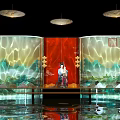 Elegant Traditional Screen With Red Panel Landscape Art Featuring Female Figure Hanging Lamps And Reflection