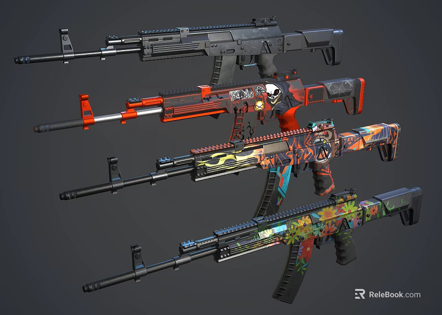 Colorful Modern Tactical Rifles With Graffiti Art And Custom Design Patterns 3d model