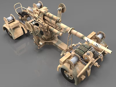Military Towed Artillery Gun With Camouflage Paint Barrel Wheels And Traction Device 3d model