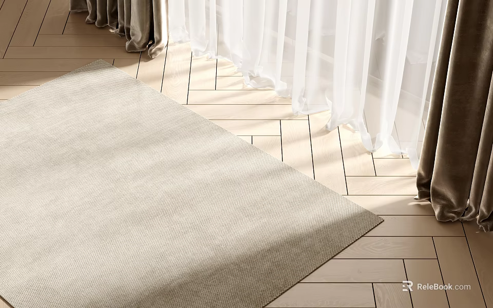 Light Colored Square Rug Laying On Wooden Floor Near Curtains 3d model 