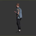 Man With Tattoos In Denim Vest And Dark Tank Top Gesturing On Gray Background