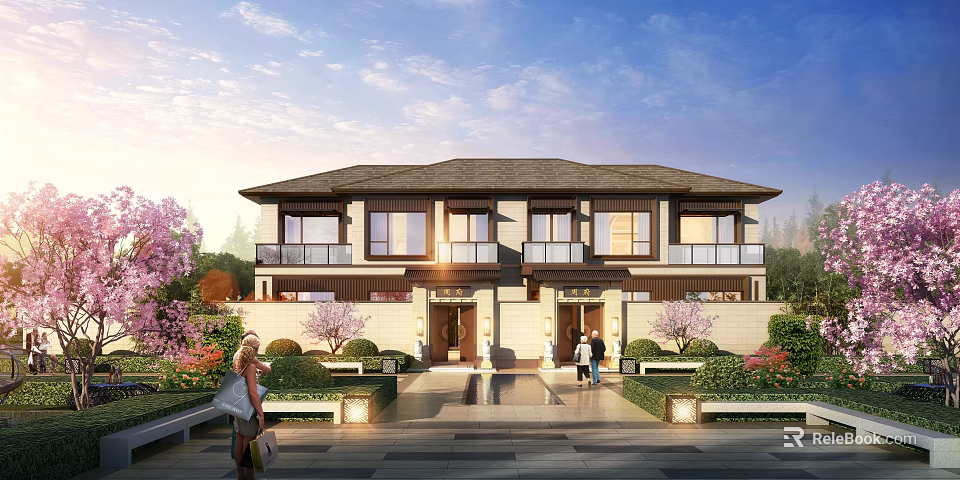 Semi Detached Villa Exterior Design With Symmetrical Entrance And Landscaped Courtyard 3d model 