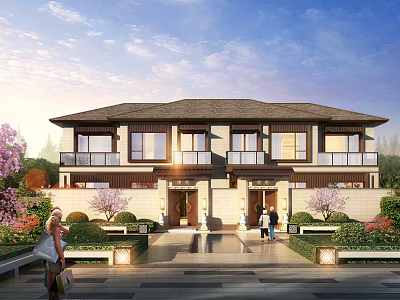 Semi Detached Villa Exterior Design With Symmetrical Entrance And Landscaped Courtyard 3d model