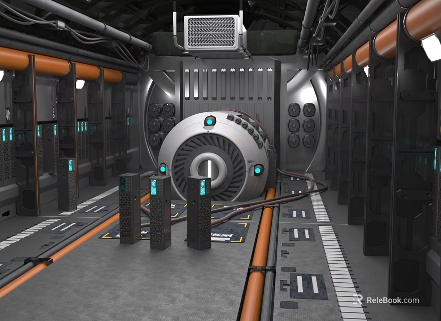 Cartoon Scene Of Futuristic Sci Fi Machinery With Control Panels And Glowing Lights 3d model