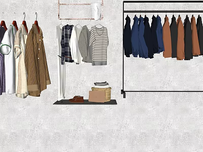 Wall Mounted and Standing Clothes Hangers with Coats Shirts and Folded Clothes 3d model