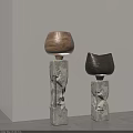 Modern Minimalist Decorative Ornament Set with Wooden Top and Stone Base