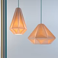 Geometric Faceted Pendant Lights With Warm Beige Glow In Modern Interior And Colorful Stripes