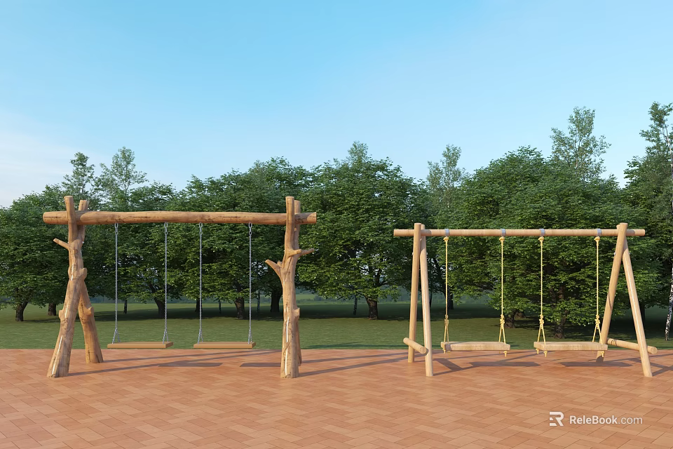 Wooden Outdoor Playground Swing Sets With Green Trees Blue Sky And Brick Floor 3d model 