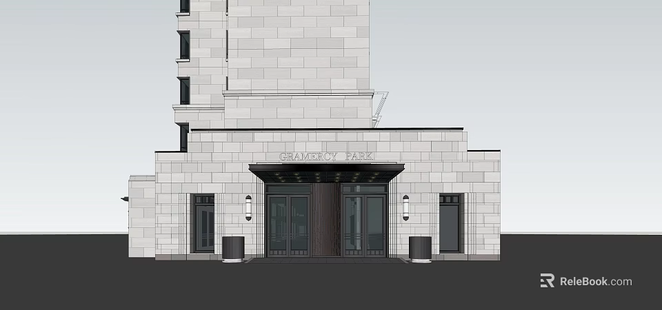 Grand Residence Entrance Gate With Stone Facade Dark Wooden Doors Glass And Wall Lamps 3d model 