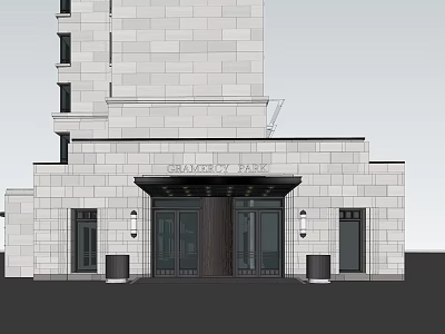 Grand Residence Entrance Gate With Stone Facade Dark Wooden Doors Glass And Wall Lamps 3d model