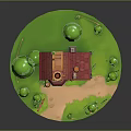 Whimsical Cartoon Cottage With Red Roof Chimney Barrels Green Shrubs And Wooden Fence