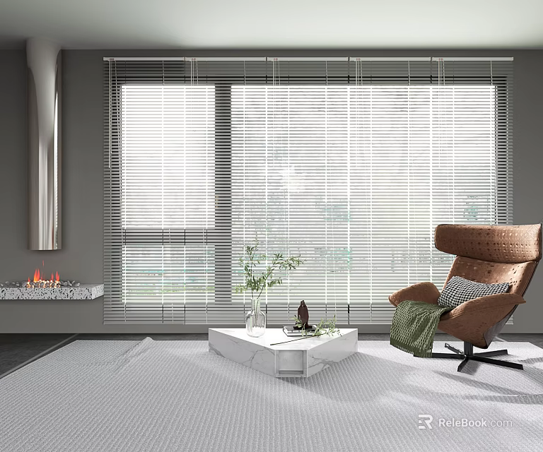 Light Filtering Venetian Blinds For Modern Living Room Interior With Cozy Seating And Fireplace 3d model 