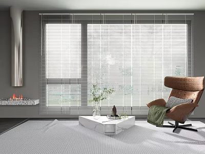Light Filtering Venetian Blinds For Modern Living Room Interior With Cozy Seating And Fireplace 3d model