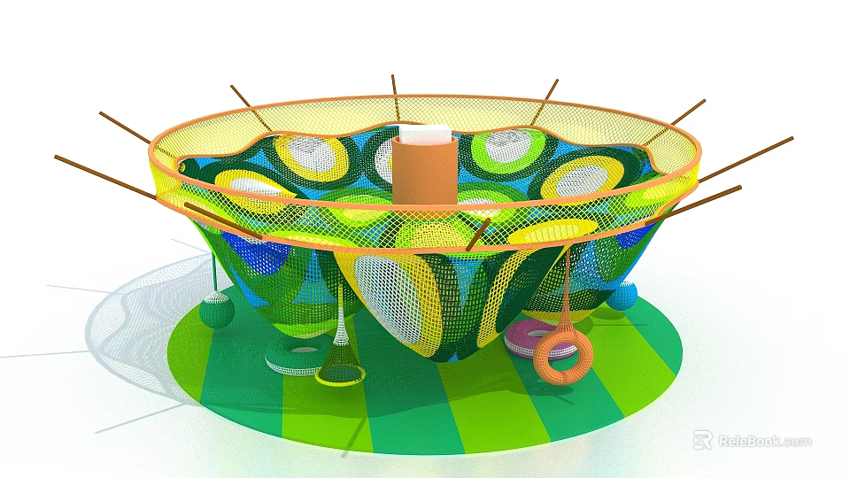 Colorful Circular Net Playground Structure With Central Cylinder Hanging Rings And Striped Floor 3d model 