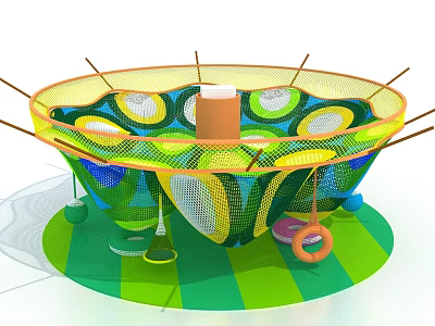 Colorful Circular Net Playground Structure With Central Cylinder Hanging Rings And Striped Floor 3d model
