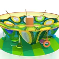 Colorful Circular Net Playground Structure With Central Cylinder Hanging Rings And Striped Floor
