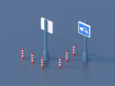 Traffic Signs With Blue Truck Symbol And Red White Barriers On Road 3d model