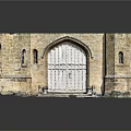 Medieval Castle Gate With Stone Walls Arched Entrance Wooden Door And Flanking Towers