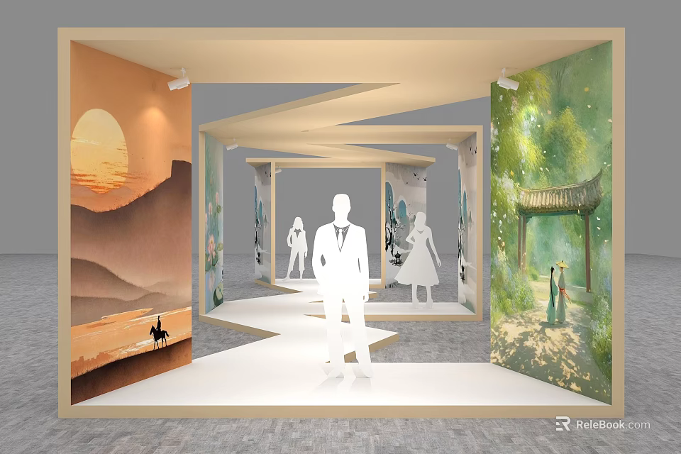 Activity Passage In Exhibition Space With Silhouette Figures And Decorative Landscape Paintings 3d model 