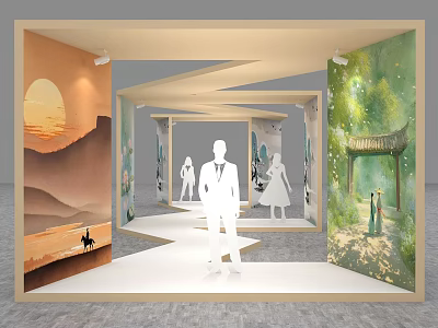 Activity Passage In Exhibition Space With Silhouette Figures And Decorative Landscape Paintings 3d model