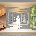 Activity Passage In Exhibition Space With Silhouette Figures And Decorative Landscape Paintings