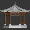 Traditional Chinese Pavilion Featuring Curved White Roof Wooden Railings And Stone Steps