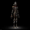 Game Movie Character Western Style Cowboy Robot With Brown Metal Armor Hat And Red Scarf